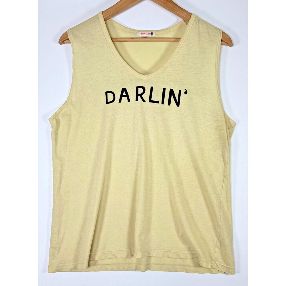 Sundry Tank Top Women‎ Small Yellow Darlin Graphic Cotton Made in USA Casual
